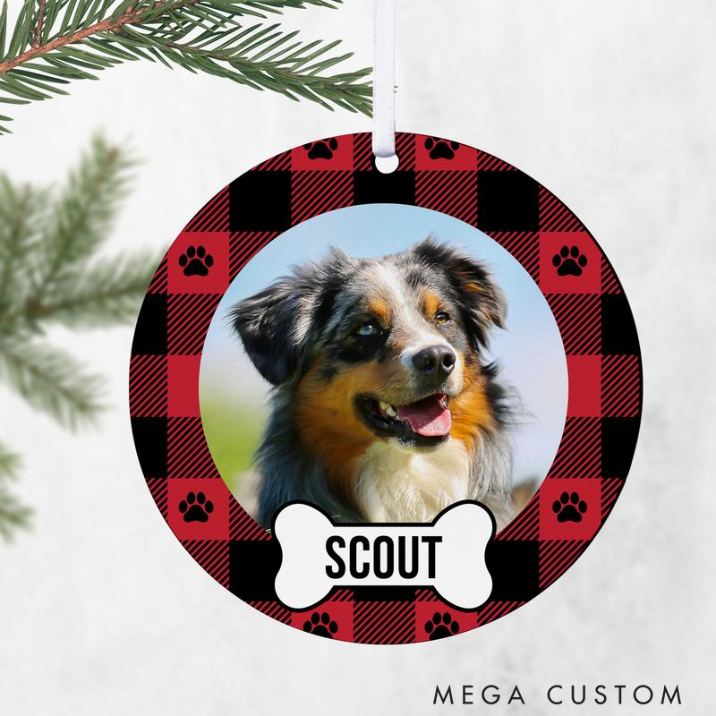Personalized Dog Lover Plaid Paw Print Photo Christmas Ornament