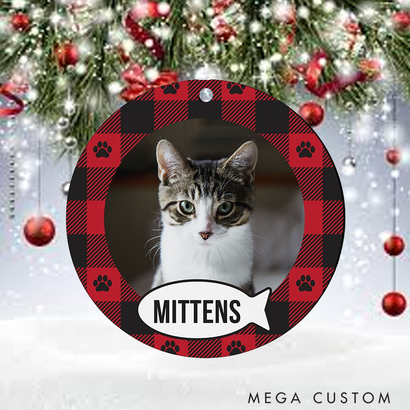 Personalized Cat Lover Plaid Paw Print Photo Christmas Ornament
