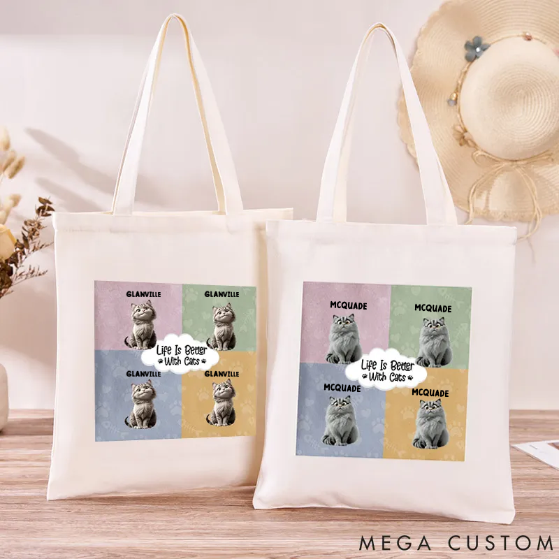 Personalized Cat Lover Life is Better with Cats Canvas Tote Bag