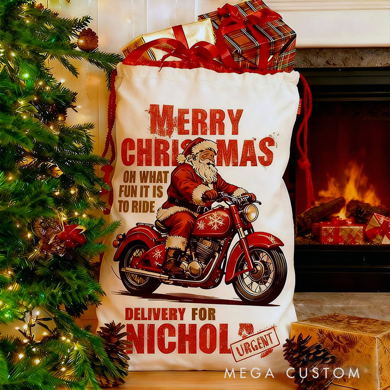 Personalized Motorcycle Santa Christmas Sack Custom Name and Size Gift Bag Vintage Christmas Delivery Design