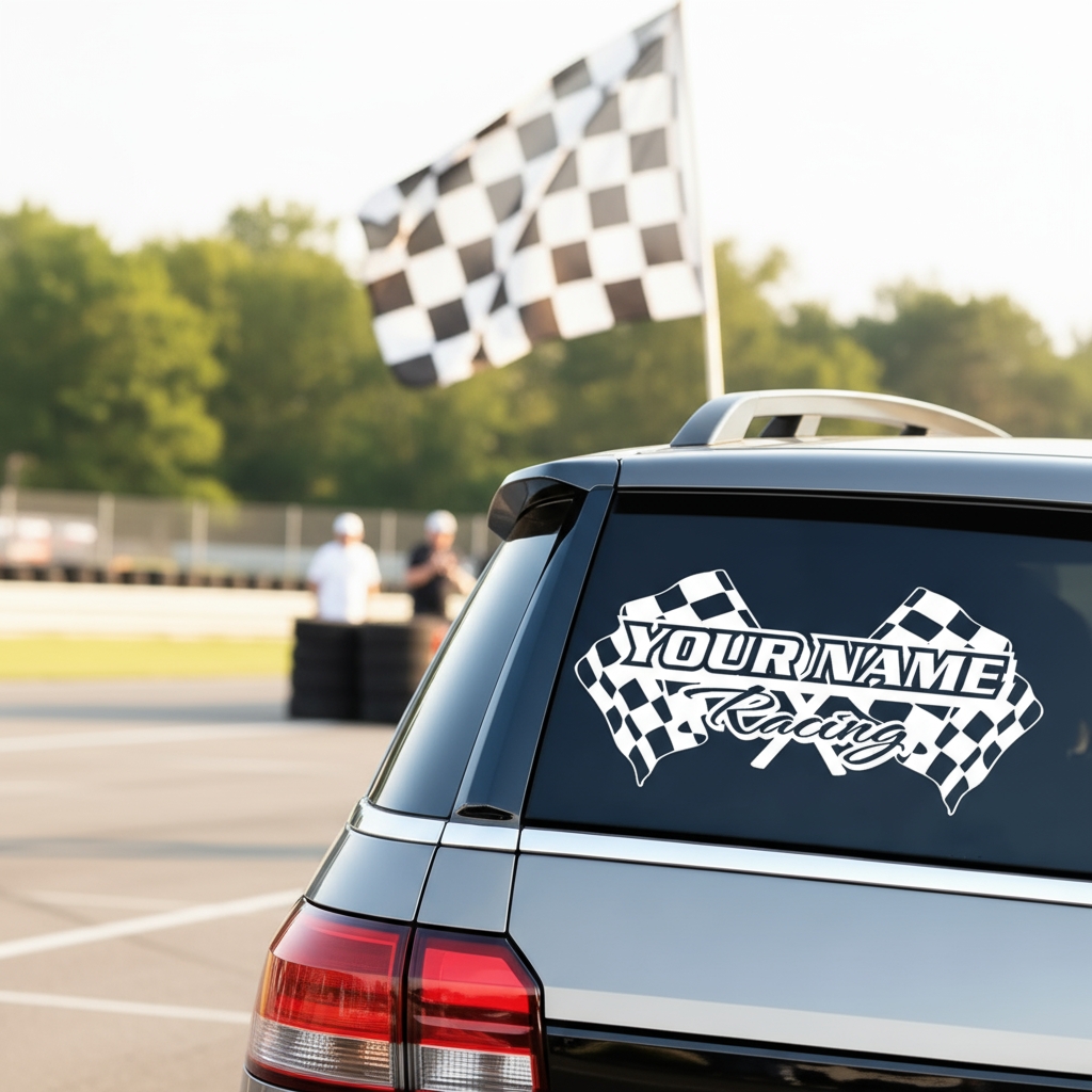 Personalized Racing Name with Checkered Flags Decal Sticker for Vehicles Custom Crew Car Decal Sticker