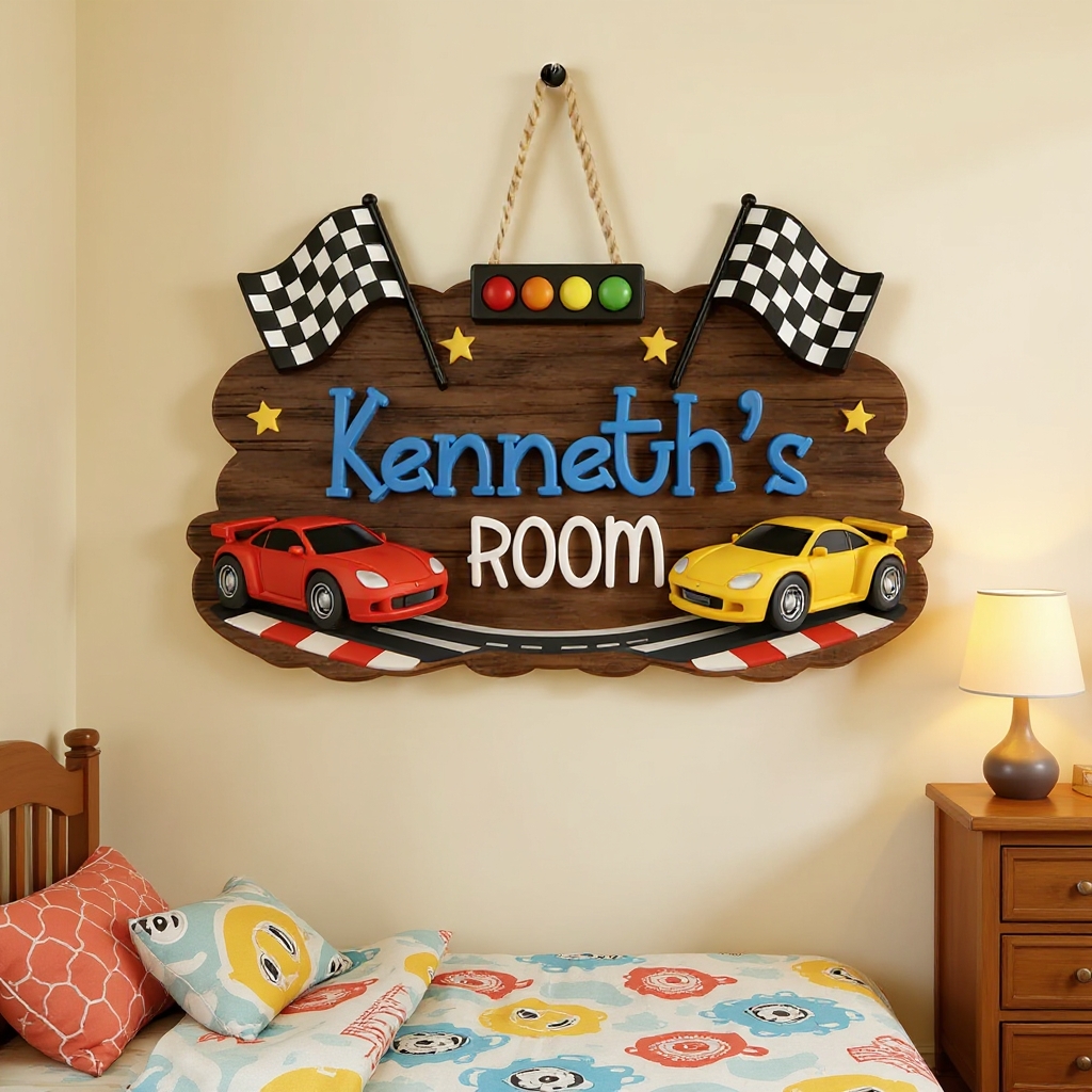 Personalized Racing Themed Door Sign for Kids Custom Room Decor 