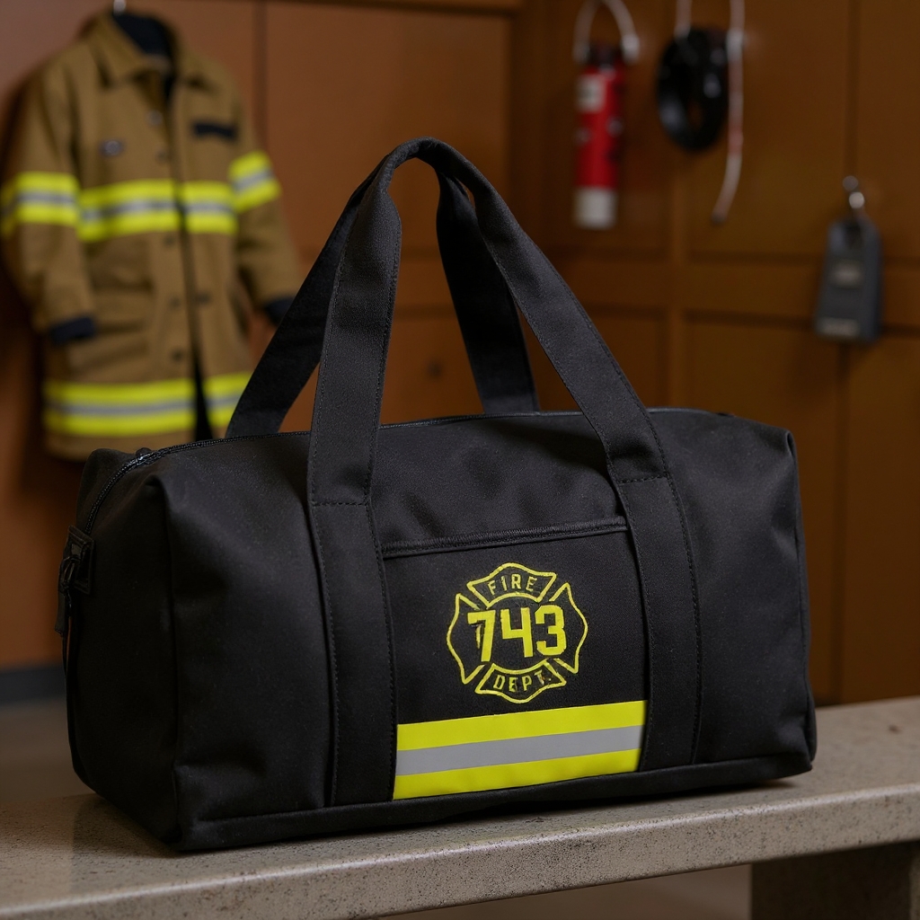 Personalized Firefighter Travel Canvas Bag with Fire Department Badge and Reflective Stripe Design Gift for Firefighters