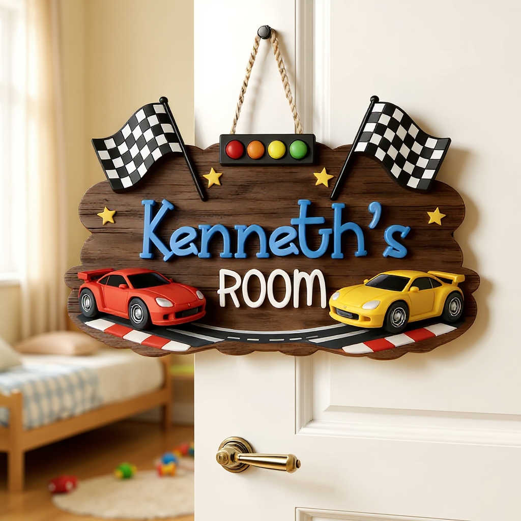 Personalized Racing Themed Door Sign for Kids Custom Room Decor 