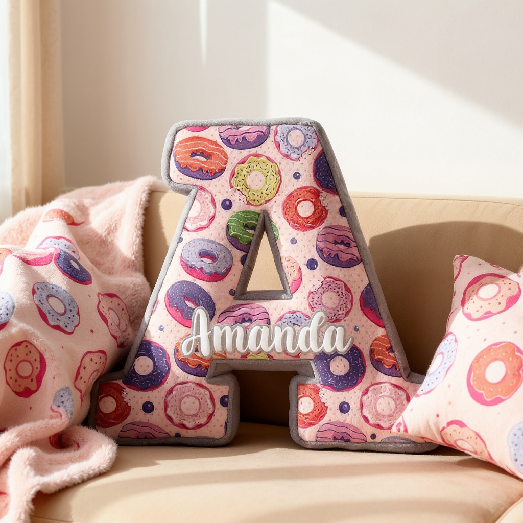 Personalized Donut Themed Letter Shaped Pillow Custom Name Design Gift