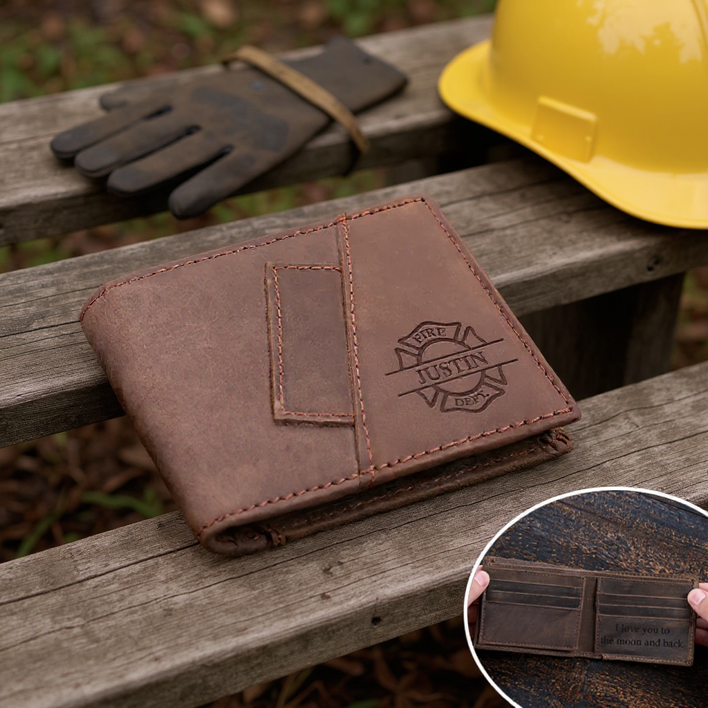 Personalized Firefighter Leather Wallet Engraved Wallet Crazy Horse Wallet Birthday Gift for Him Groomsman Gift Boyfriend Gift Dad Gift Husband Gift