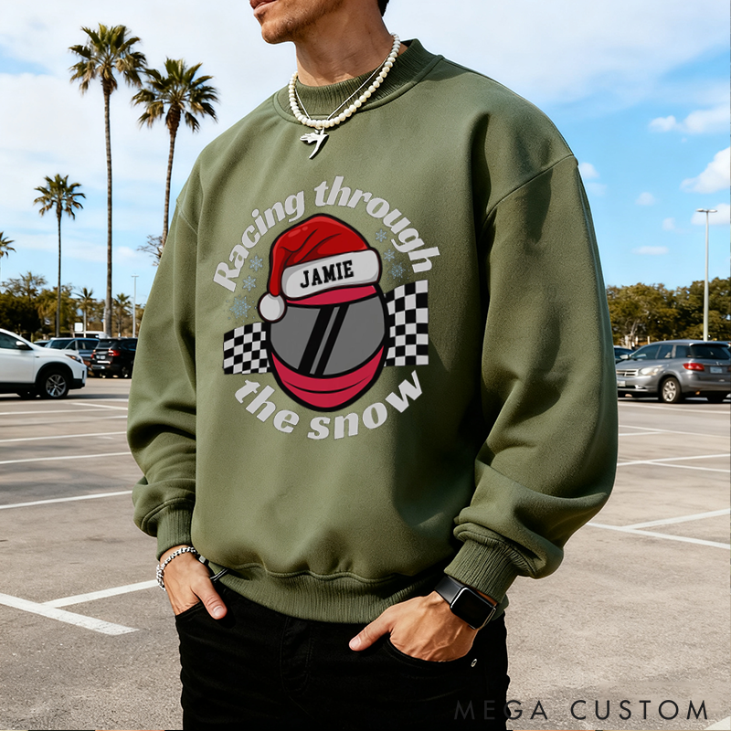 Personalized Christmas Sweatshirt Racing Through the Snow Design Sweatshirt Gift for Racers and Racing Lovers 