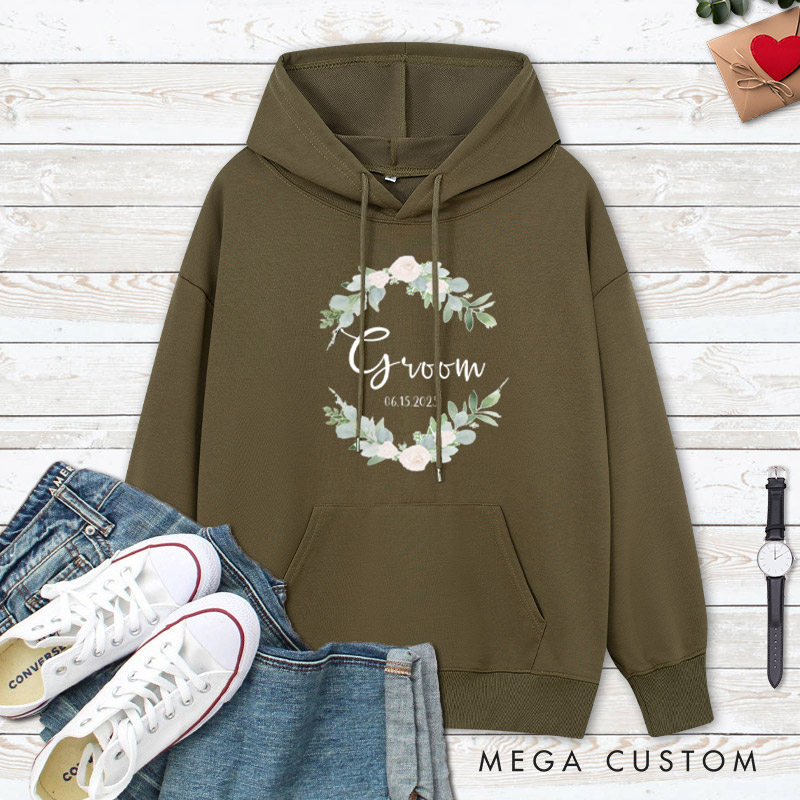 Personalized Elegant Floral Wreath Bride and Groom Matching Wedding Couple Hoodie