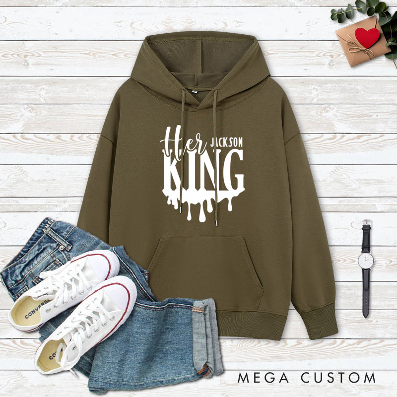 Personalized Couple Minimalist Her King and His Queen Valentine's Day Hoodie with Name Couple Sweatshirt for Boyfriend Girlfriend Husband Wife