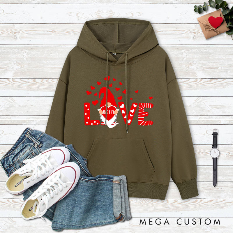 Personalized Couple Red Gnome with Heart Valentine's Day Hoodie with Name Couple Sweatshirt for Boyfriend Girlfriend Husband Wife