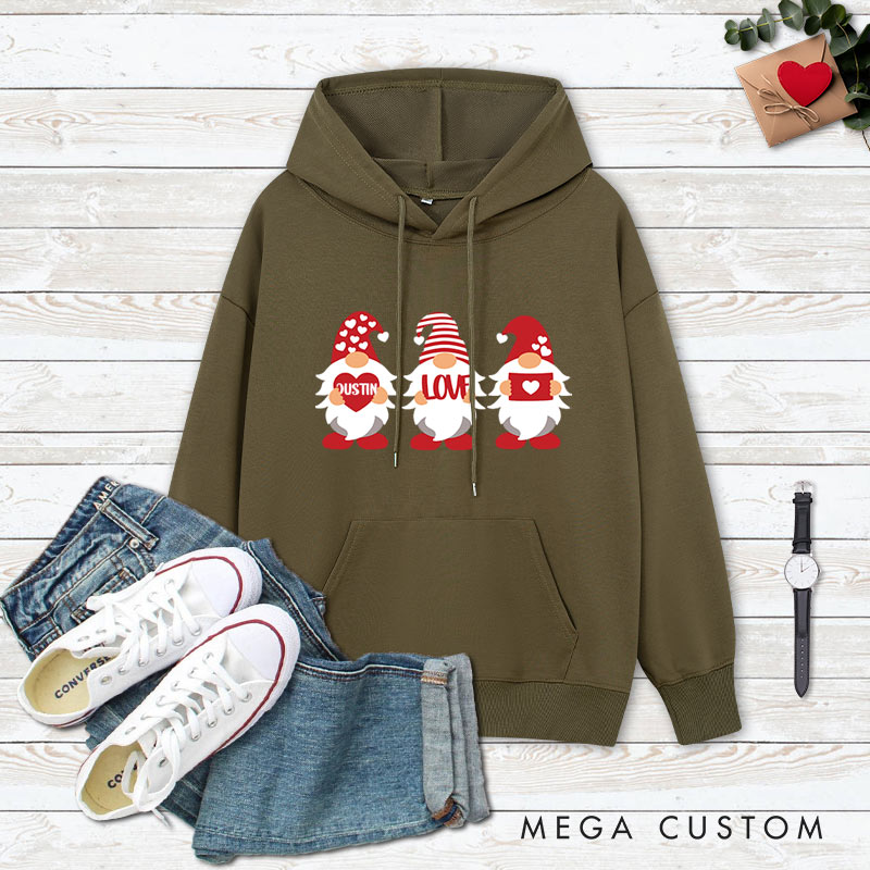 Personalized Red Gnome Couple Holding Hearts Hoodie Couple Valentine's Day Sweatshirt for Boyfriend Girlfriend Husband Wife