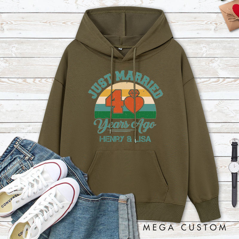 Personalized Just Married 40 Years Ago Retro Hoodie Couple Wedding Anniversary Outfit for Her Him Anniversary Hoodie for Wife Husband