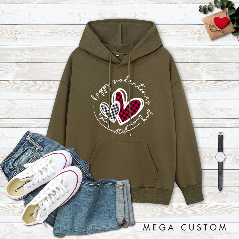 Personalized Couple Plaid Heart Happy Valentine's Day Hoodie with Name Couple Sweatshirt for Boyfriend Girlfriend Husband Wife
