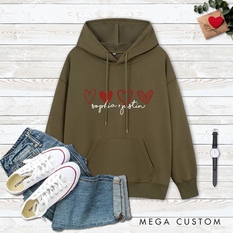 Personalized Couple 4 Red Hearts Valentine's Day Hoodie with Name Couple Sweatshirt for Boyfriend Girlfriend Husband Wife