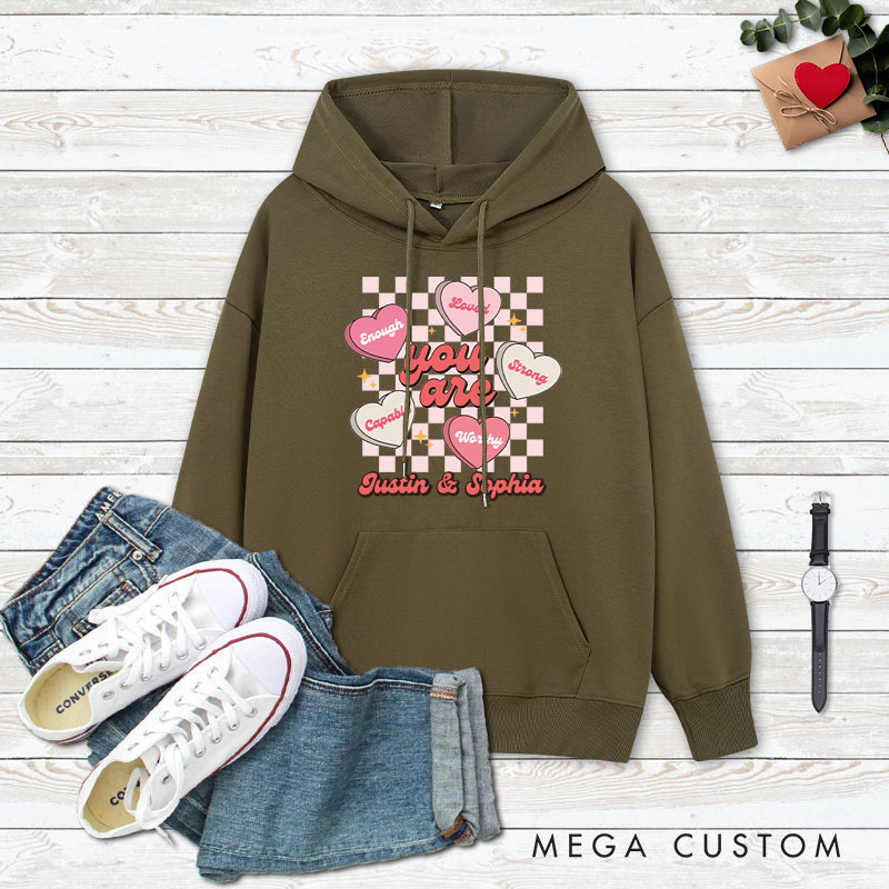Personalized Couple Checkerboard Sweet Candy Heart Hoodie Couple You Are Mine Valentine's Day Sweatshirt for Boyfriend Girlfriend Husband Wife