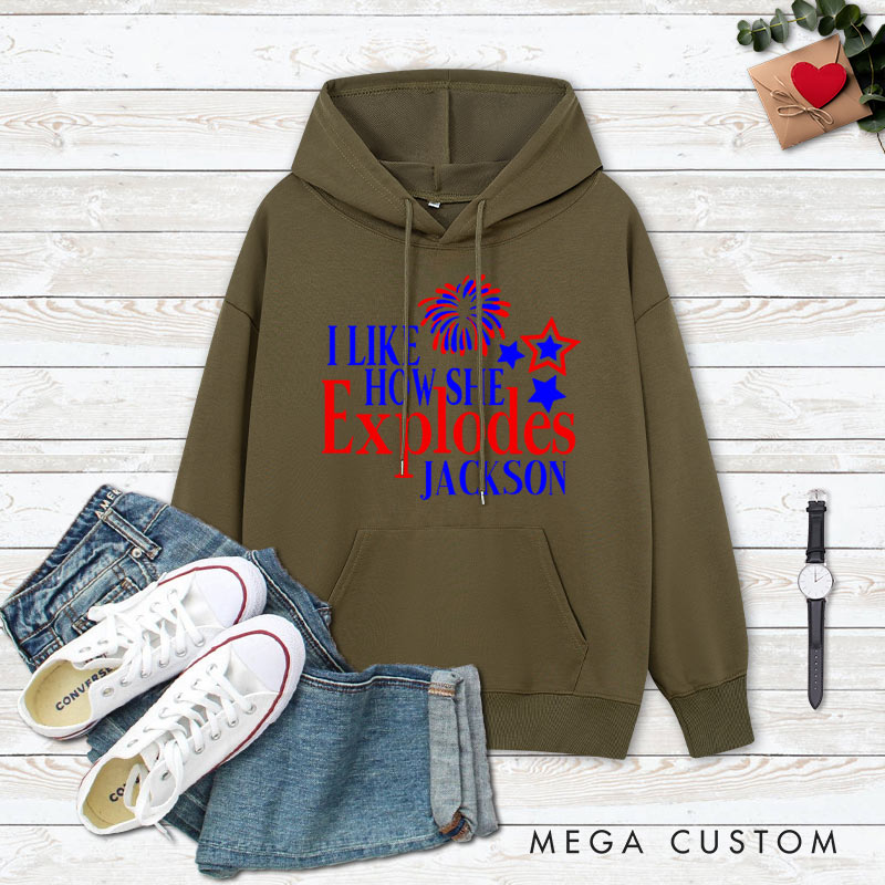 Personalized Couple I Like How She Explodes Hoodie Couple I Like How He Bangs Independence Day Sweatshirt for Boyfriend Girlfriend Husband Wife