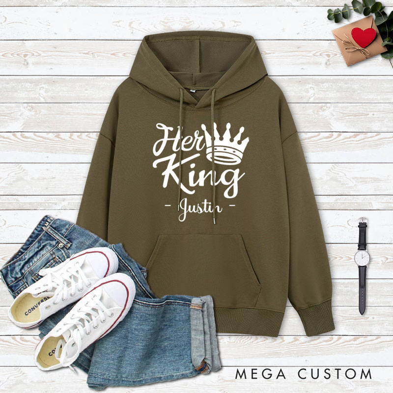 Personalized Couple Her King and His Queen with Crown Hoodie Couple Valentine's Day Sweatshirt for Boyfriend Girlfriend Husband Wife