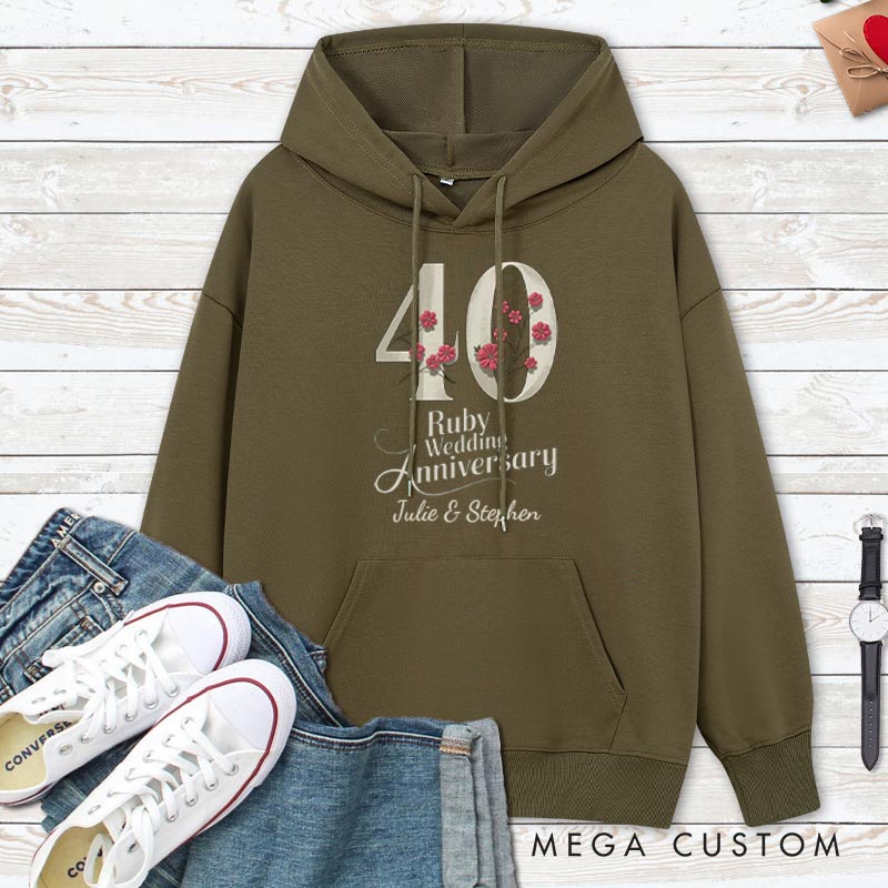 Personalized 40 Ruby Wedding Anniversary Floral Hoodie Husband Wife 40th Anniversary Outfit for Her Him Couple Ruby Wedding Anniversary Hoodie