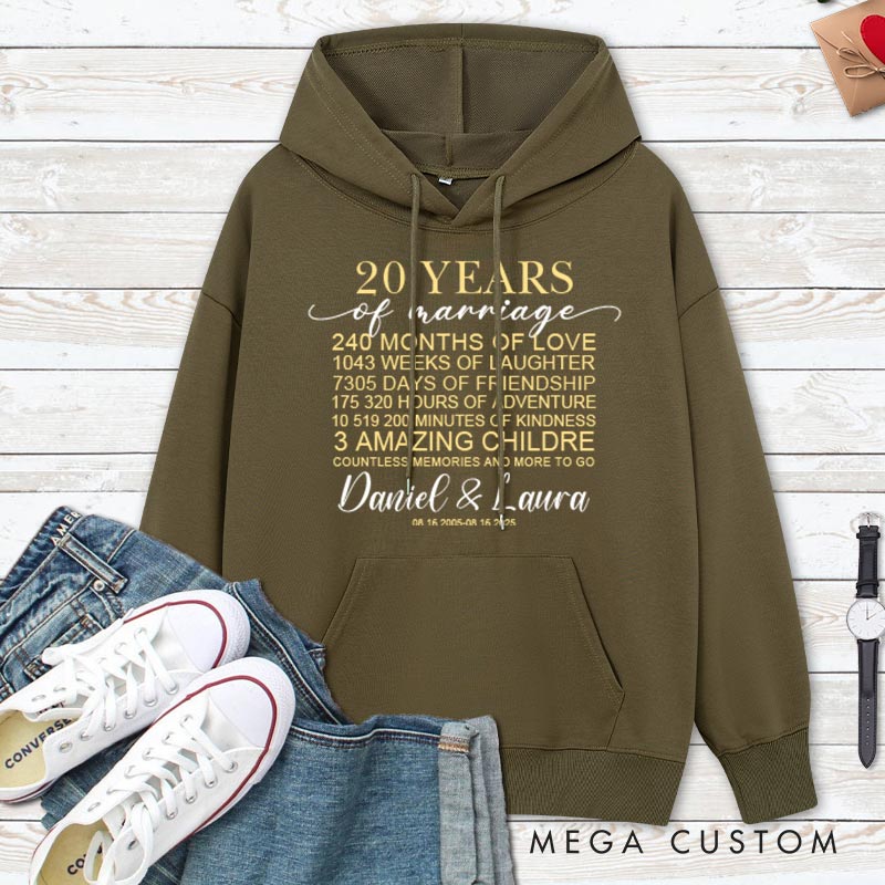 Personalized 20 Years of Marriage Milestone Hoodie 20th Anniversary Outfit for Husband Wife Couple Anniversary Marriage Milestone Hoodie