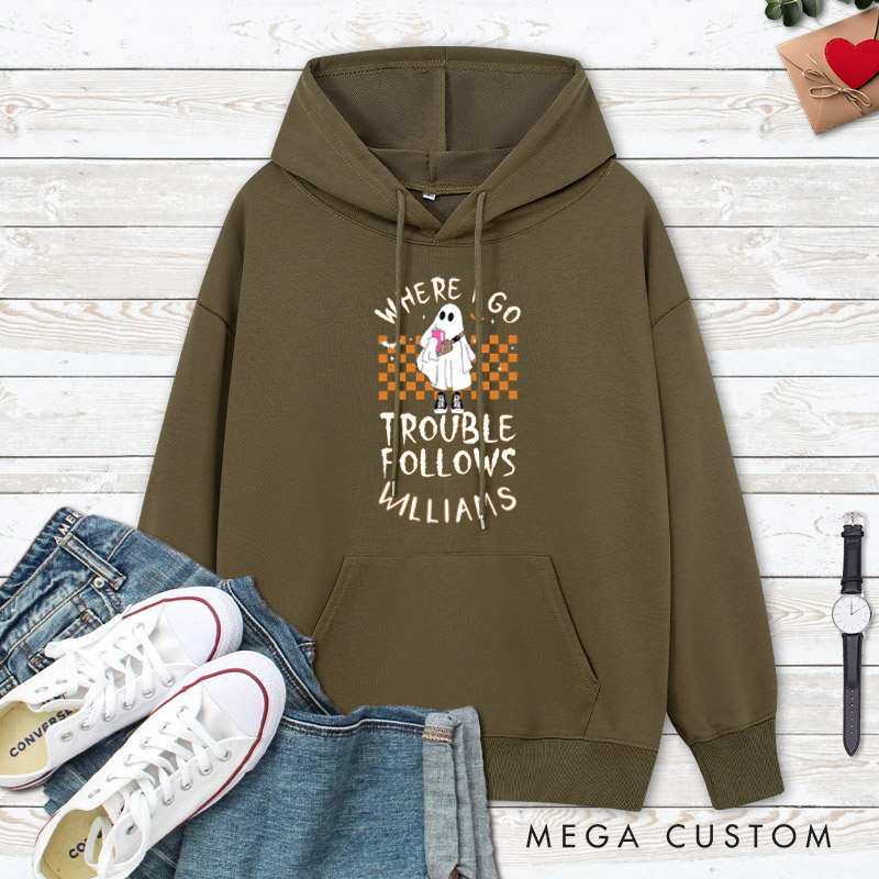 Personalized Where I Go Trouble Follows Ghost with Checkered Background Couple Hoodie