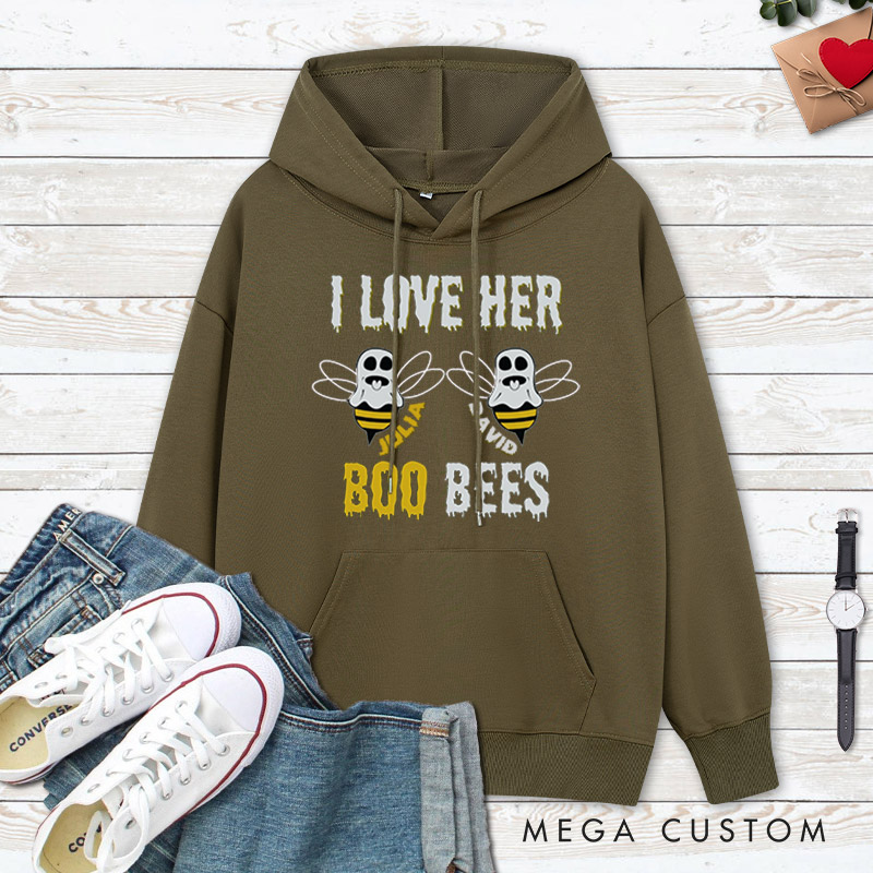 Personalized I Love Her Boo Bees and Boo Bees Halloween Couple Hoodie