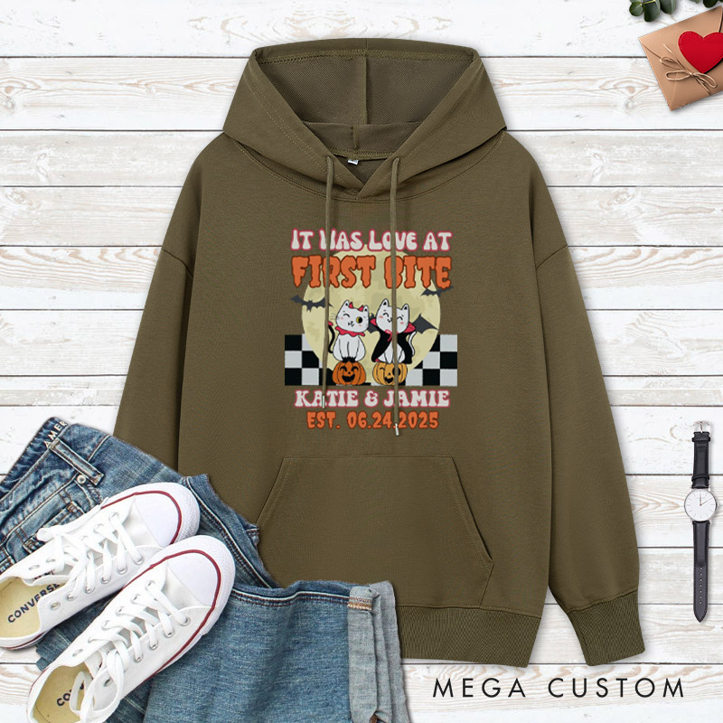 Personalized Love at First Bite and Fangs for the Memories Cat Couple Halloween Couple Hoodie