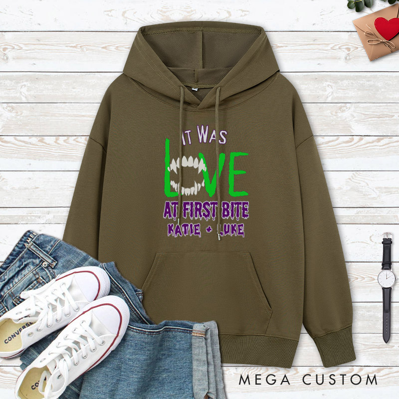 Personalized Love at First Bite & Fangs for the Memories Halloween Couple Hoodie