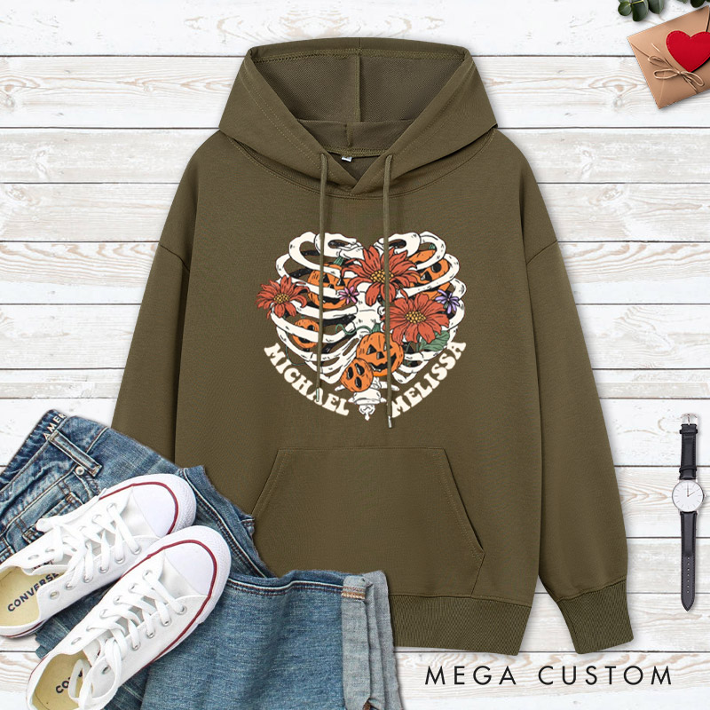 Personalized Floral Skeleton Ribcage with Pumpkins Halloween Couple Hoodie
