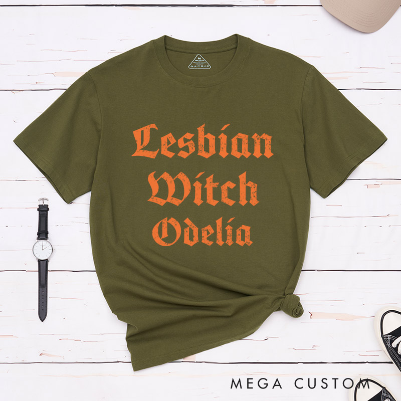 Personalized Lesbian Witch and Wife Halloween Couple T-Shirts LGBTQ Matching Shirt Halloween Tee for Lesbian