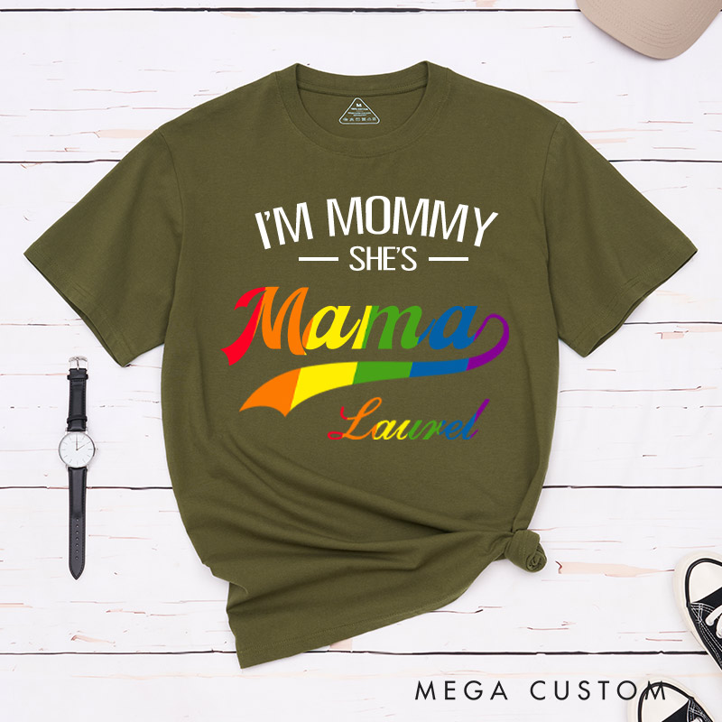 Personalized I'm Mommy She's Mama" LGBTQ+ Couple T-Shirts Lesbian Matching Shirt for Women Pride Shirt for Her