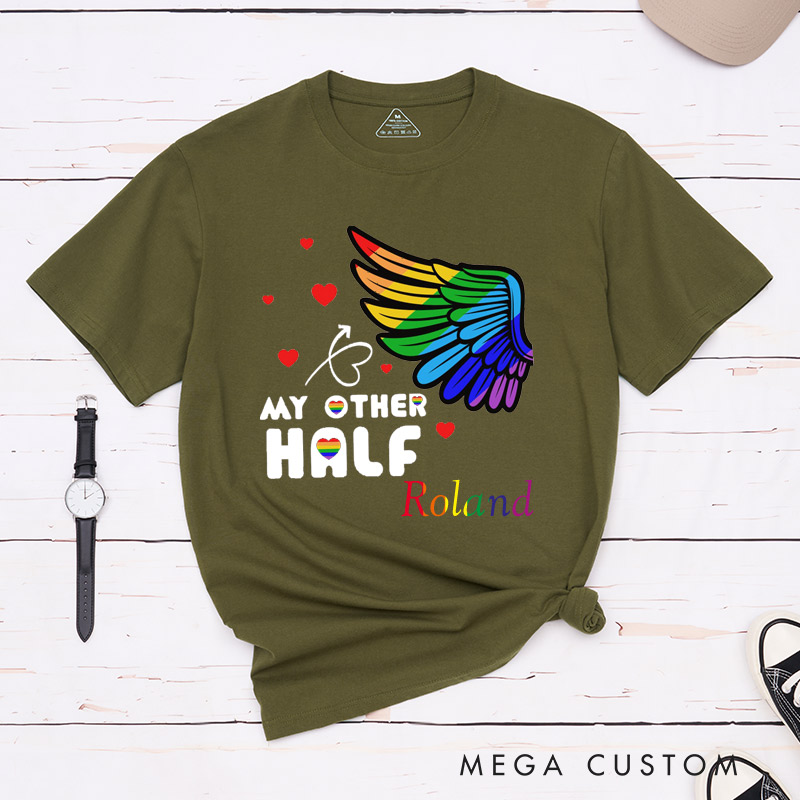 Personalized My Other Half Rainbow Wings Couple T-Shirts LGBTQ Matching Shirts for her him Pride Lesbian Gay Couple Tees