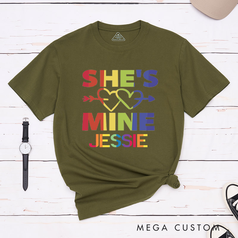 Personalized She's Mine I'm Hers LGBTQ Rainbow Love T-Shirts Lesbian Matching Shirts for Her Pride Couple Tee
