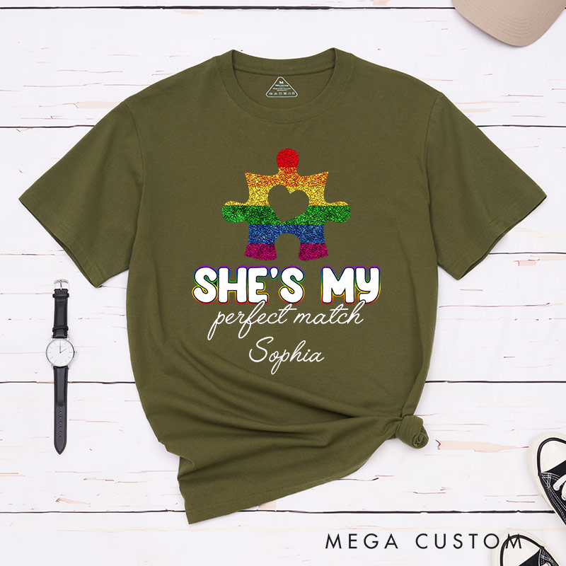 Personalized She's My Perfect Match Puzzle Piece Pride T-Shirts LGBTQ Lesbian Matching Couple Shirt Lesbian Wife Girlfriend Tees
