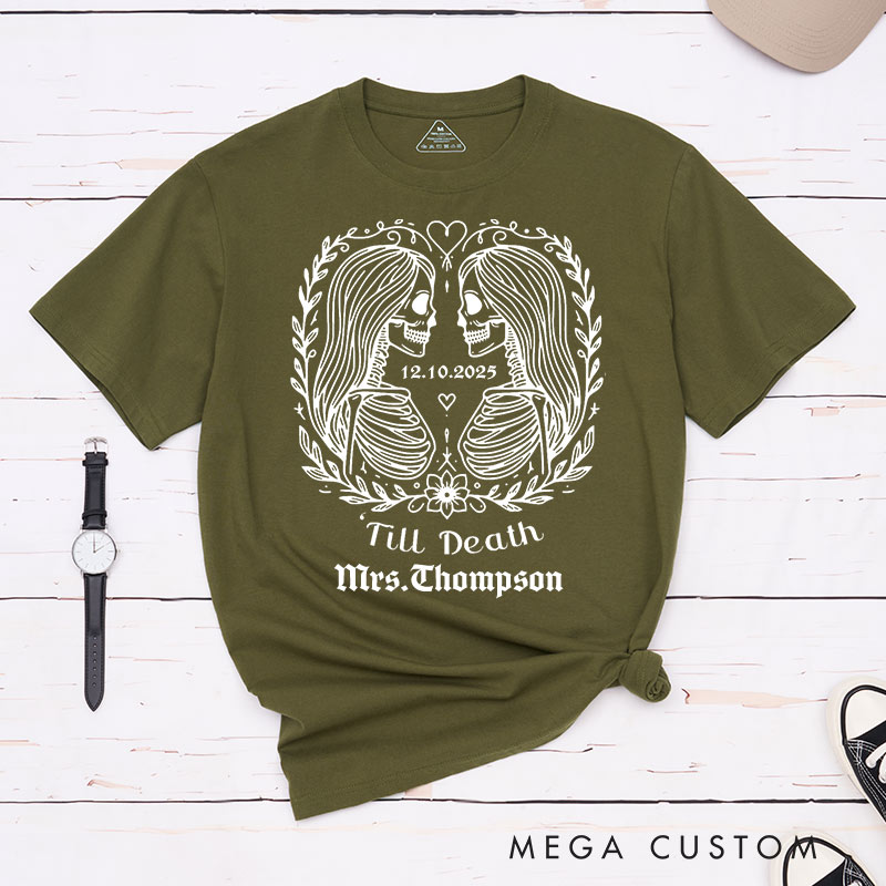 Personalized Till Death Gothic Lesbian Matching Couple T-Shirts LGBTQ Lesbian Couple Shirt for Her LGBTQA+ Skeleton Tees