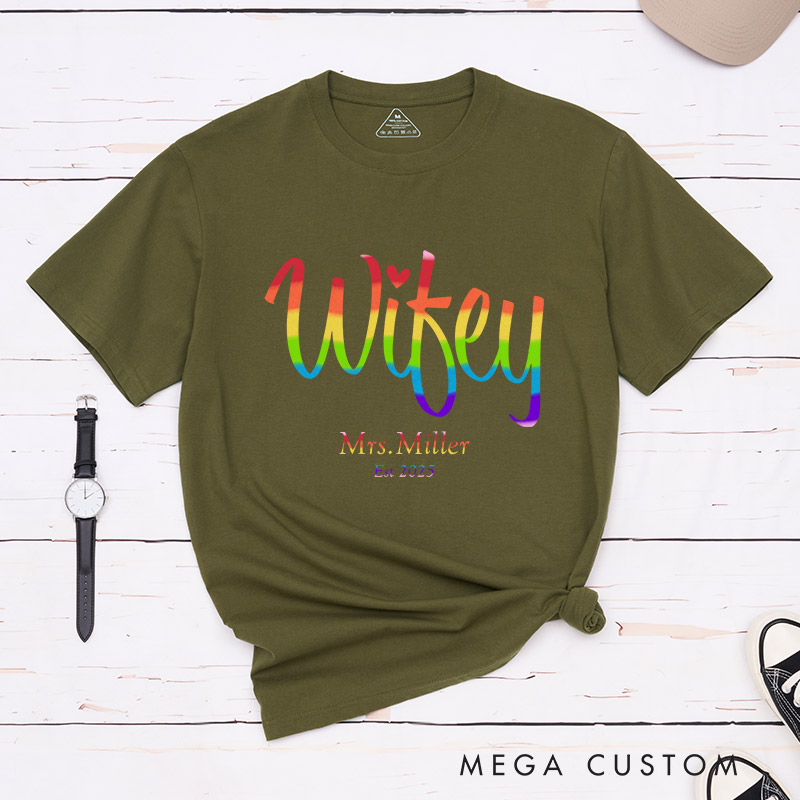Personalized Wifey and Wife Rainbow Couple T-Shirts LGBTQA+ Lesbian Couple Shirt for Her Pride Lesbian Matching Tee
