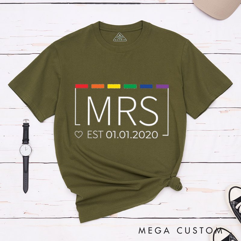 Personalized Mrs and Mrs Rainbow Couple t-Shirts LGBTQ Couple Matching Shirt for Her Lesbian Anniversary Tee