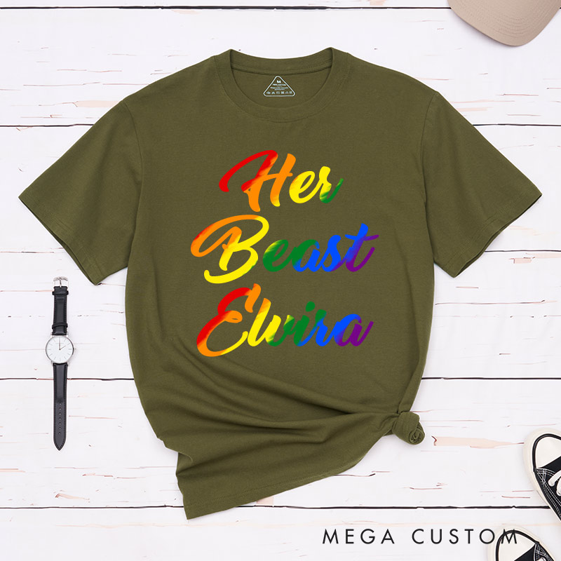 Personalized Her Beauty Her Beast Rainbow Couple T-Shirts LGBTQA+ Lesbian Matching Shirt LGBTQ Couple Matching Tee for Women