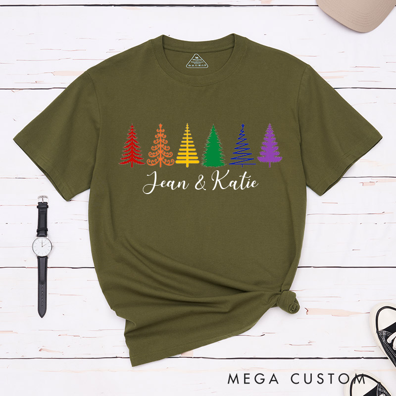 Personalized Rainbow Christmas Trees Couple T-Shirts LGBTQA+ Couple Matching Shirt Christmas Lesbian Gay Couple Shirt