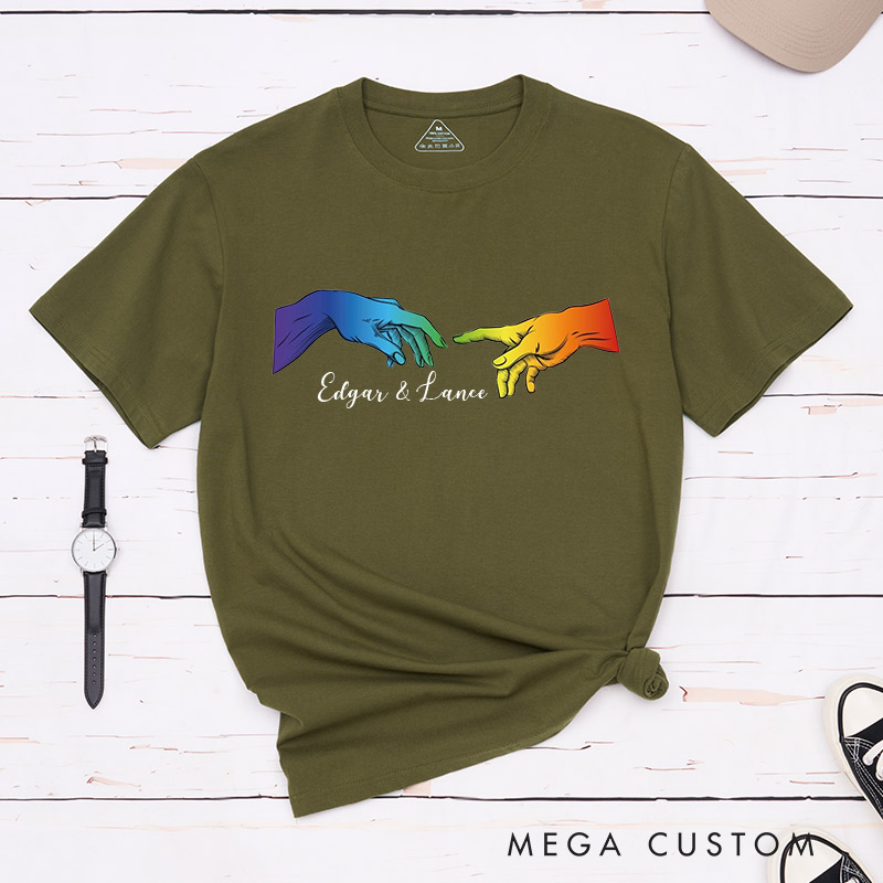 Personalized LGBTQA+ Rainbow Hands Couple T-Shirts LGBTQ Gay Couple Matching Shirt with Name Matching Tee for LGBTQA+