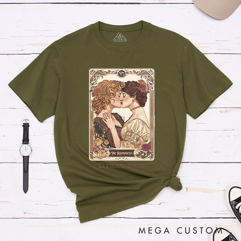 Personalized Romantic Art Lesbian Couple T-Shirts LGBTQA+ Lesbian Couple Matching Shirt for Her Vintage Romance Tee for Lesbian 