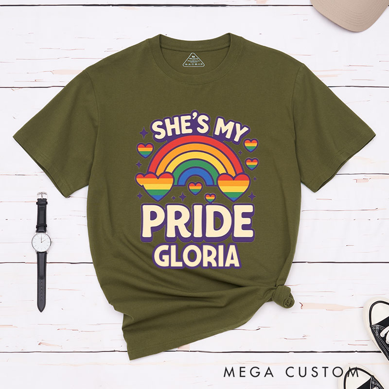 Personalized She's My Pride Rainbow Couple T-Shirts LGBTQ Rainbow Lesbian Matching Rainbow Couple Tee for Lesbian 
