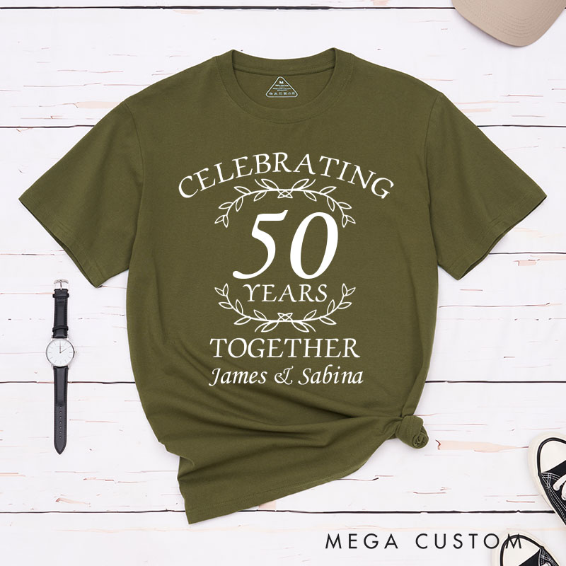 Personalized Couple 50th Anniversary T-Shirt Celebrating 50 Years Together Elegant Golden Anniversary Humorous Golden Shirt Couple Gift Tee