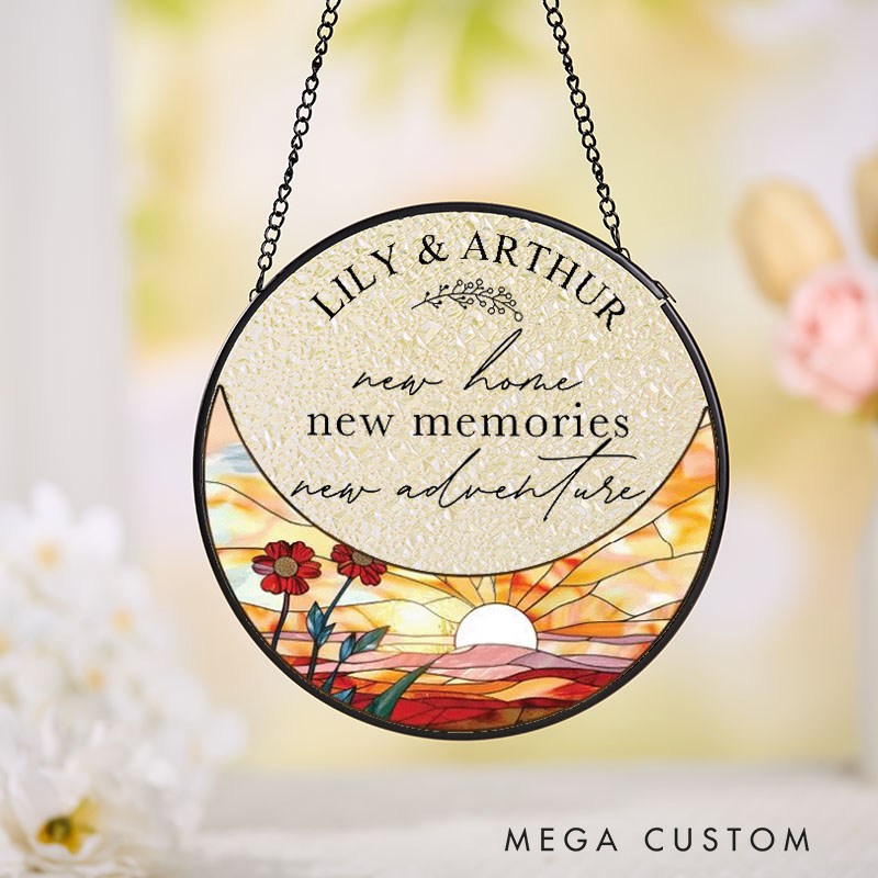 Personalized Housewarming Suncatcher New Home New Memories New Adventure Design Custom Names and Sunset Theme Stained Glass Style Decorative Gift