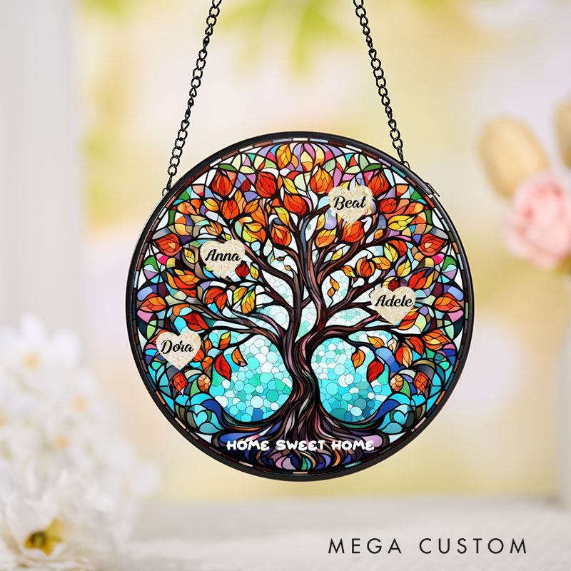 Personalized Housewarming Suncatcher Home Sweet Home Design Family Tree Theme with Custom Names Stained Glass Style Decorative Gift