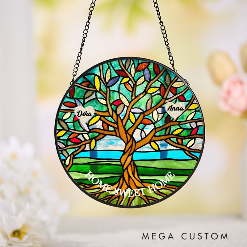 Personalized Housewarming Suncatcher Home Sweet Home Design Vibrant Family Tree Theme with Custom Names Stained Glass Style Decorative Gift
