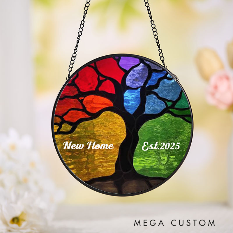 Personalized Housewarming Suncatcher New Home Est 2025 Design Colorful Tree Theme Stained Glass Style Decorative Gift Housewarming Window Hanging
