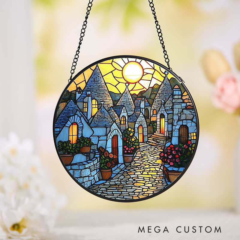 Personalized  Sunset Village Faux Stained Glass Suncatcher Round Window Hanging Decor Cozy Cottage Gift For Her Or Housewarming