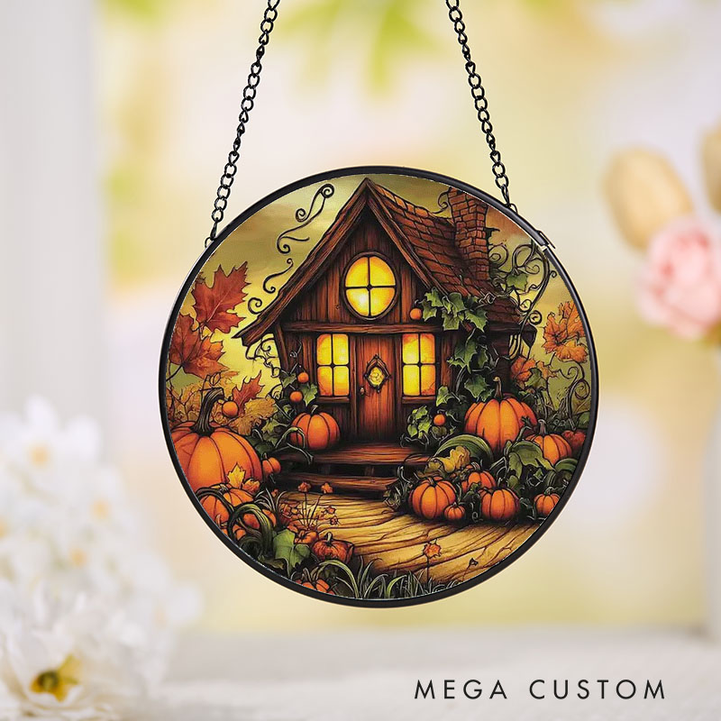 Personalized Pumpkin Cottage Suncatcher Stained Glass Window Hanging Cozy Fall Decor Halloween Gift for Her Or Home Housewarming Window Hanging