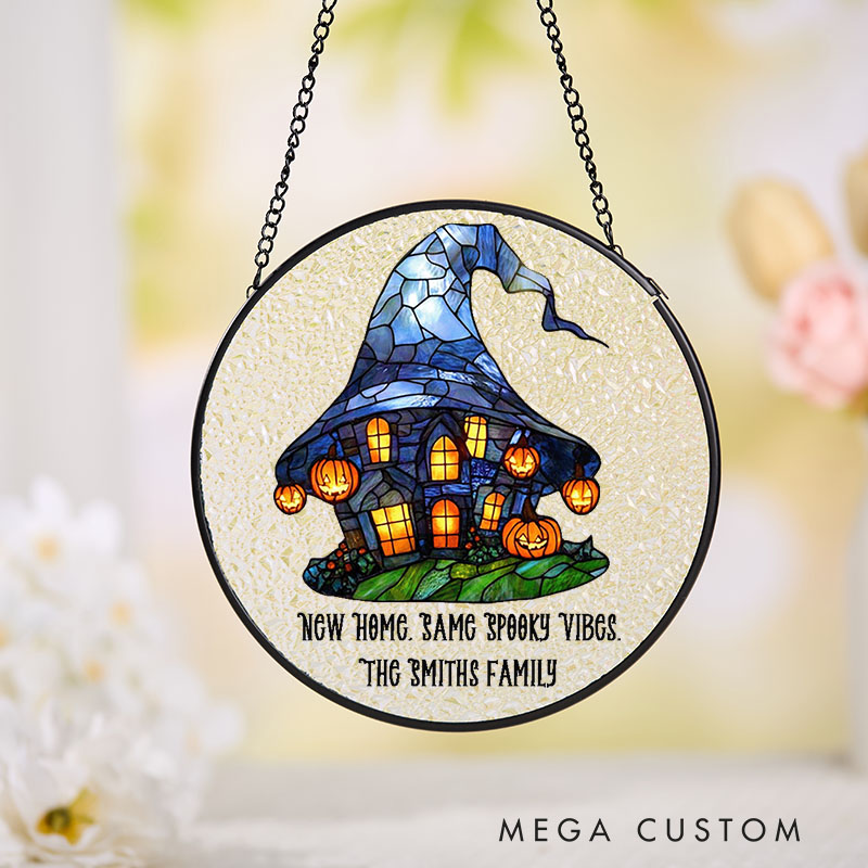 Personalized Witch Hat House Glass Suncatcher Window Hanging Decoration Halloween Home Decor with Pumpkins Fall Window Ornament New Home Decor
