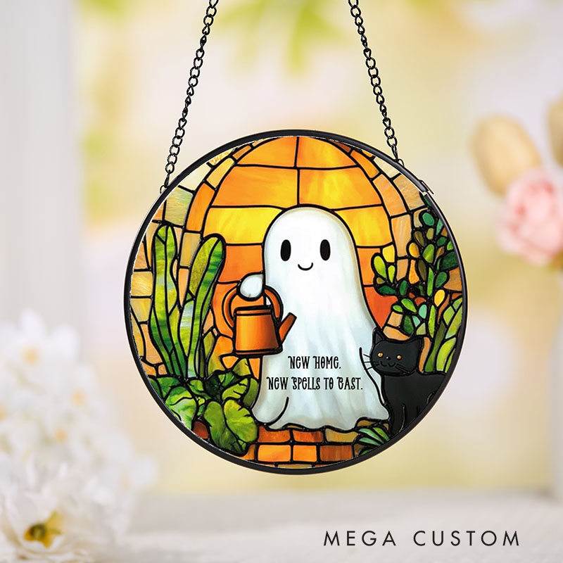 Personalized Housewarming Suncatcher New Home New Spells to Cast Design Cute Ghost and Black Cat Theme Stained Glass Style Decorative Gift Halloween